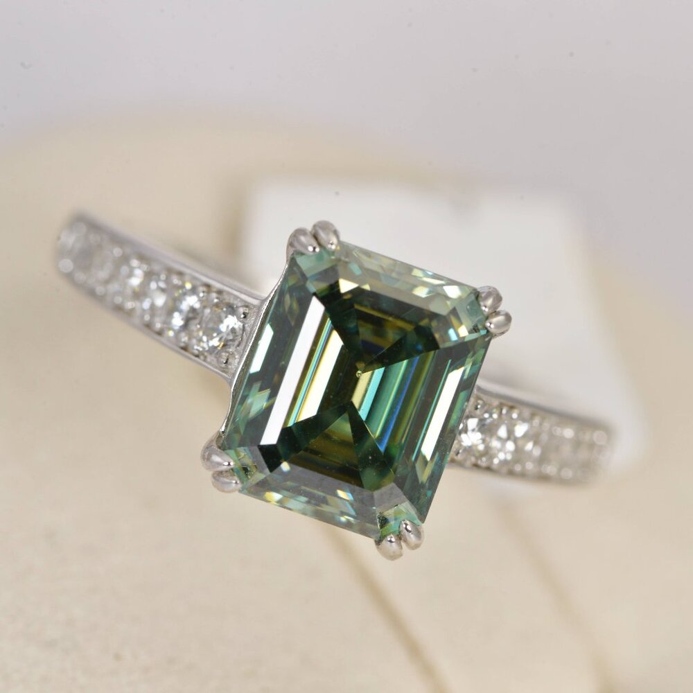 Certified 4ct Blue Green Emerald Cut Moissanite Engagement Ring 925 Sterling - Picture 4 of 10